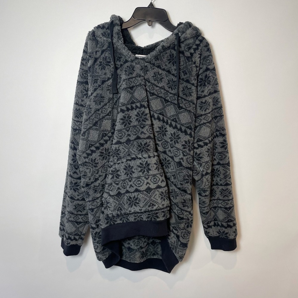 PJ Salvage Womens Fair Isle Fleece Pullover Hoodie Sweater Gray XL Long Sleeve